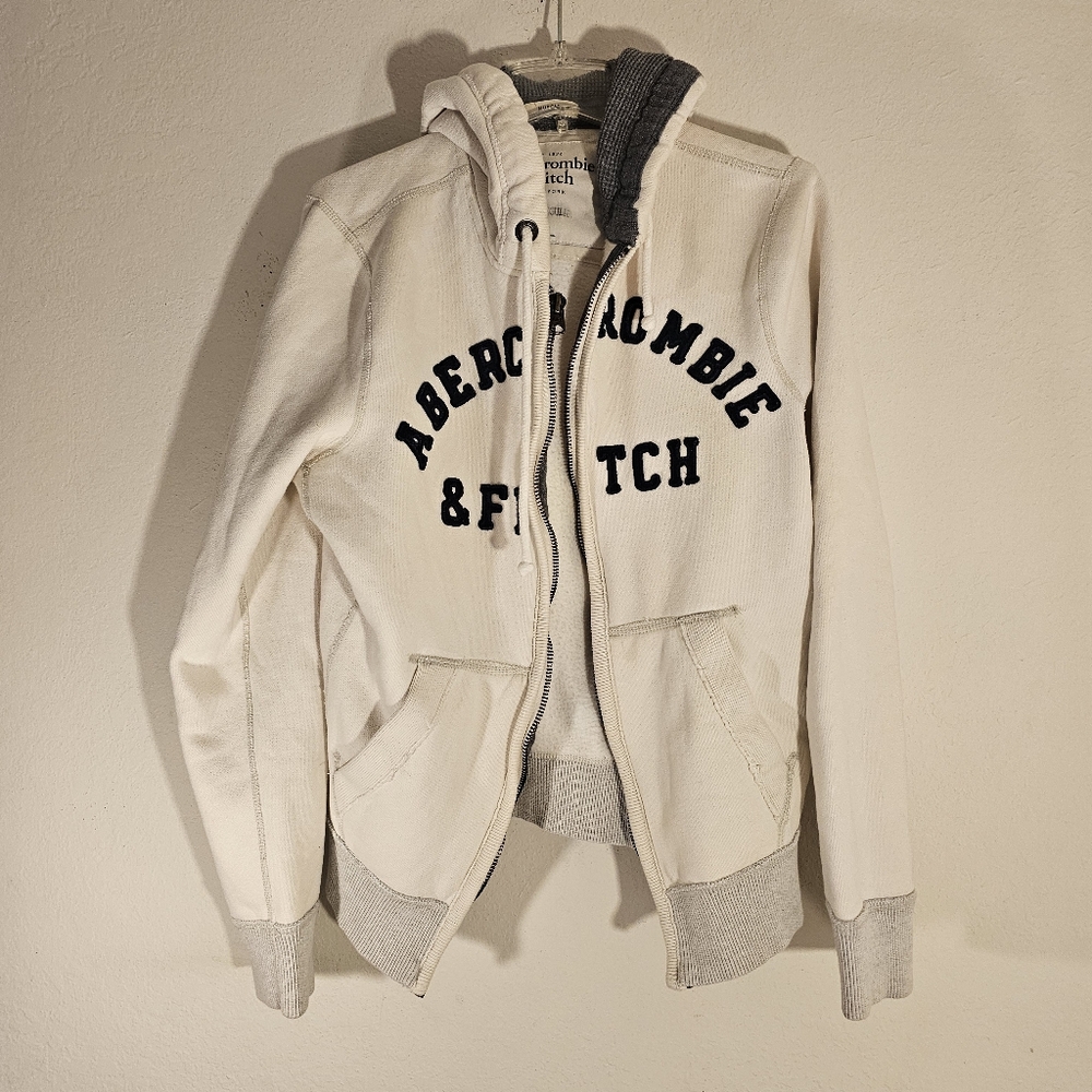 Abercrombie & Fitch Embroidered White and Gray Hoodie
